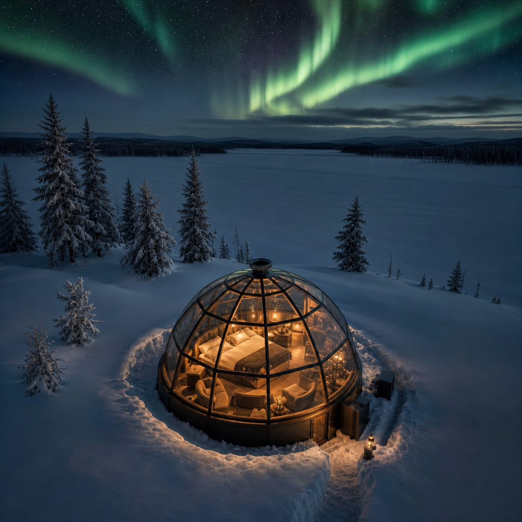 Glass cabin under aurora