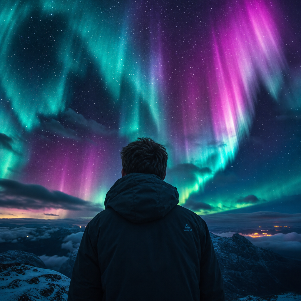 Aurora observer on mountain peak
