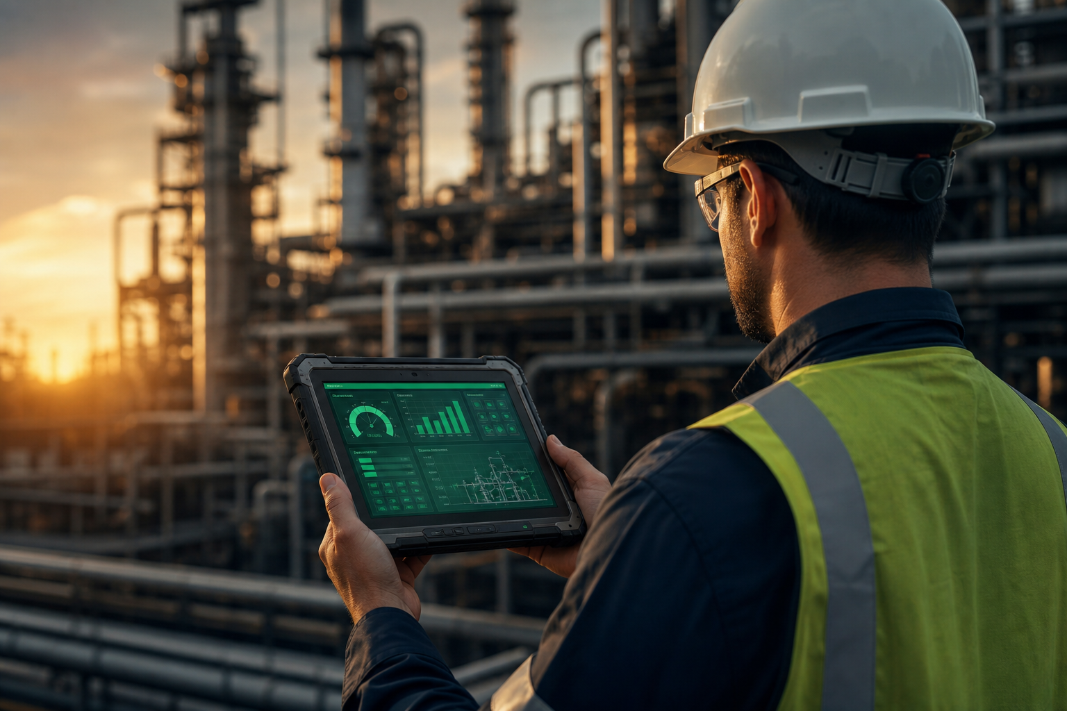Engineer using ATEX certified tablet at oil refinery